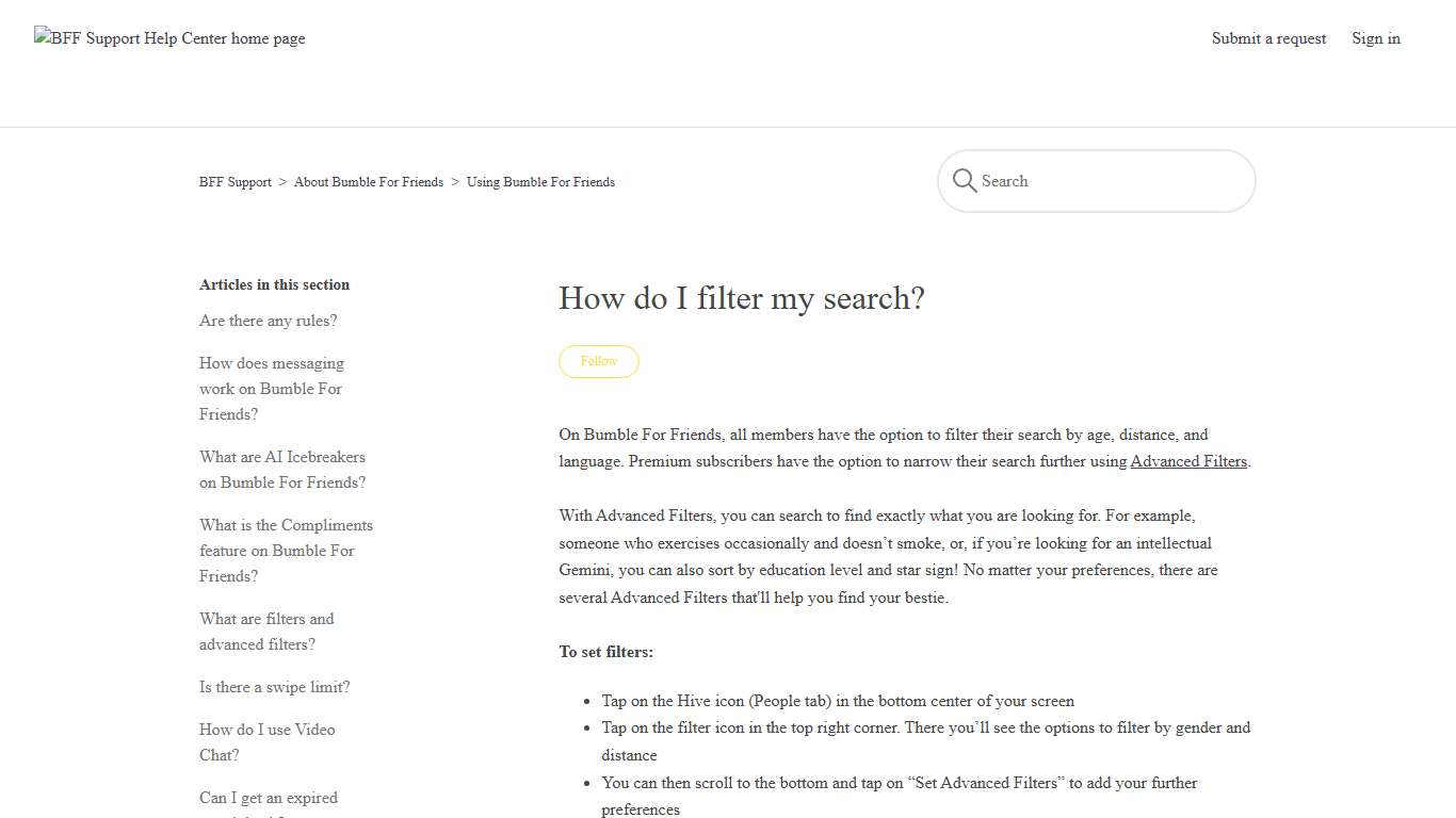 How do I filter my search? – BFF Support